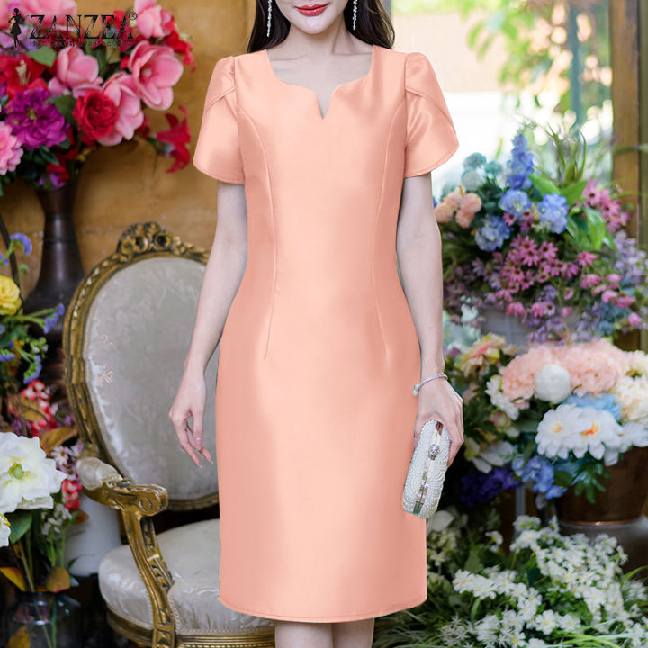 ZANZEA Korean Style Women Fashion Raglan Sleeve Dresses Peach Neckline  Stain Knee Length Plain Dress #0616 | Lazada PH