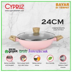 Cypruz Pink Ceramic Wok Pan / Kuali Anti Lengket + Tutup Bahan Kramik - 24cm