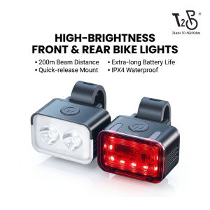 T2P 400LM Anti-Glare Bicycle Light Set Front + Rear Lights IPX4 Waterproof Rechargeable 10 Modes