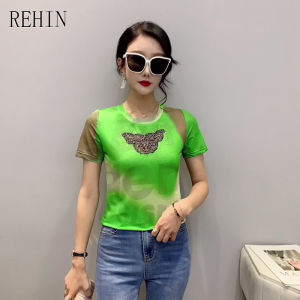 REHIN Áo Nữ Mùa Hè Mới Thời Trang In Lưới Thêu Nóng Bỏng Áo Thun Cotton Ngắn Tay Áo Cánh Dáng Ôm