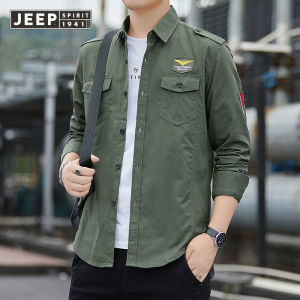 JEEP SPIRIT Áo Nam Mùa Thu Áo Mới Dài Tay Ôm Sát Thêu Màu Trơn Phong Cách Quân Đội Áo Cỡ Lớn Đơn Giản Thời Thượng Cho Nam