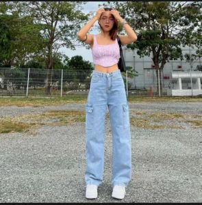 Celana Jeans Cargo Wanita Highwaist Celana Panjang Retro Fashion Korea Style Loose Cargo Jenas