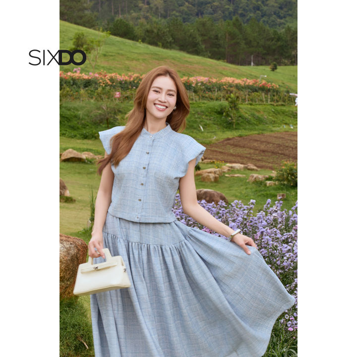 Áo kiểu nữ cổ trụ ngắn tay họa tiết kẻ SIXDO (Light Blue Woven Blouse ...