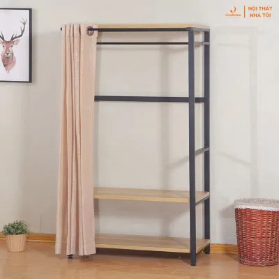 VNH-525 Giá kệ treo quần áo khung sắt mặt gỗ 2 tầng có thanh máng rèm đa năng lưu trữ thông minh