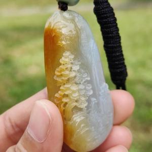 Beautifully crafted with sceneries on Yellow Natural Type A Jadeite Jade as a Pendant Necklace with certificate weigh 27.75 grams measurement 52.1 * 25.7 * 12.7 mm (pendant206)