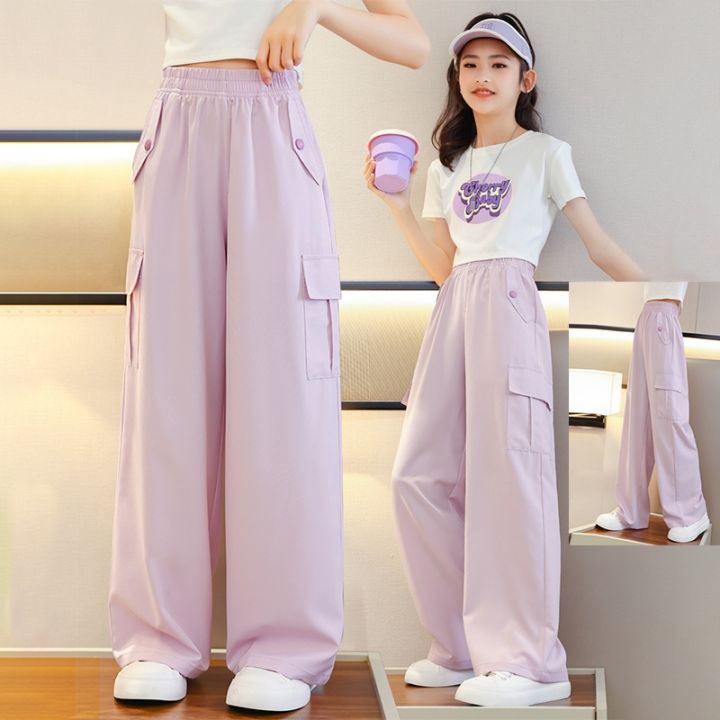 Summer Pants Wide Leg for Kids Girls 7-16 Years Old Casual Ice Silk Cargo  Pants Trousers Elasticated Waist Loose Pants 4 Pocket Cargo Baggy Pants New  Pants Aesthetic Korean Style130-160CM