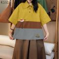 ZANZEA Women Vintage Casual Turn-Down-Collar Shirt Raglan Sleeve Cartoon Print Casual Top #0922. 