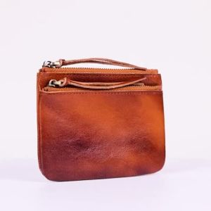 Vintage-Style Genuine Leather Coin Purse - Small Zippered Wallet with Antique Rubbed Finish - Womens Compact RFID Blocking Clutch Bag