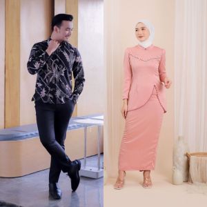 Couple Kebaya Pesta Felicya Baju Kurung Kondangan Melayu Satin Silk Mix Kemeja Motif Batik