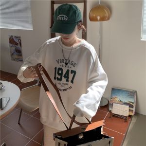 2022 Womens Fashion Plus Size Vintage Letters Print Loose Sweatshirt Korean Long Sleeve Round Neck Casual Jacket