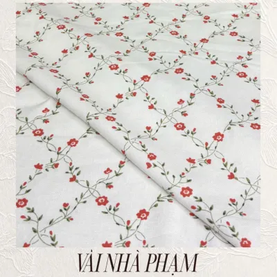 VẢI LINEN BỘT PHA TƯNG HOẠ TIẾT HOA NHÍ ĐỎ NỀN TRẮNG KEM | KHỔ 1M4 | VẢI NHÀ PHẠM