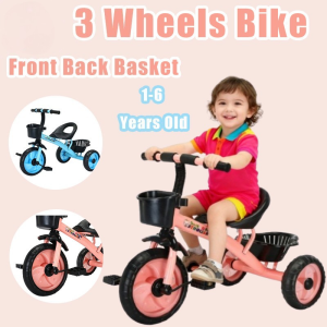 Kids 3 Wheels Bike with Front Back Basket for 1-6 Years Old Children Learning Bicycle Balanced