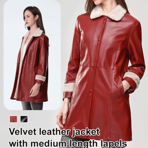 Womens MediumLength Leather Jacket with Fur Collar