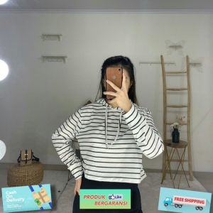 Godwin Collection - Nessya Crop Tee Salur Hoodie Wanita Kekinian Termurah