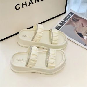 Slippers womens fashionable outerwear new style womens pine high thick sole red rhinestone beach sandals