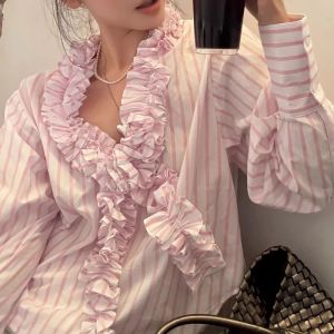 HEALMEYOU Ruffle Pink Stripe Blouse Sweet Tassel Women Shirt Top Comfortable Loose Deep V Flouce Shirt Ladies