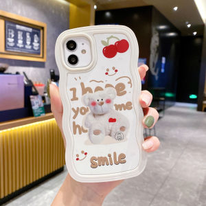 INS Style 3D Curved Wavy Edge Brown cute cherry bear Phone Case Compatible for iPhone 11 13 12 Pro Max 15 Pro Max 7 8 6 6s Plus X XR XS Max SE 2020 Clear Soft Tpu Shockproof Cover