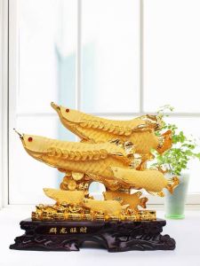 Greeting gift: 6 gold dragon fish with base decorations living room office hotel decorations.