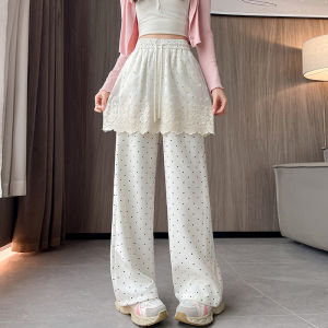 YIMEI กางเกงลำลองขาตรงลายจุดลูกไม้เกาหลีบางฤดูร้อนหวานสไตล์ป่าอเนกประสงค์แขวนกางเกงขาม้าหลวมสำหรับผู้หญิง