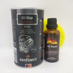 BỘ SP NGĂN NGỪA RÒ RỈ NHỚT ĐÔNH CƠ Senfineco 9982 và CHAI LÀM MỚI NHỰA ĐEN TREN XE Ô TÔ HIỆU AZ PLASTIC (Oil Stop Leak Sealant 9982 300ml And AZ PLASTIC 50ml)