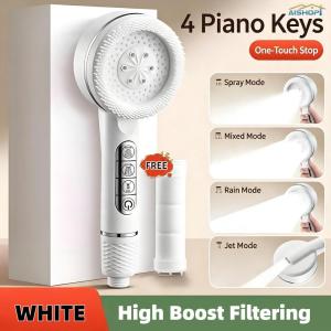 [SG Seller]Household Hand Shower Head 4‑Speed Adjustment Piano Key Buttons High Pressure Water‑Saving Shower Nozzle