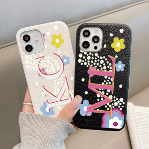Flowers Personalised Initials Pebble Grain Leather Case for iphone 14 13 Pro Max 12 11 Pro Max XS XR 7 8 Plus Cover Custom Cases