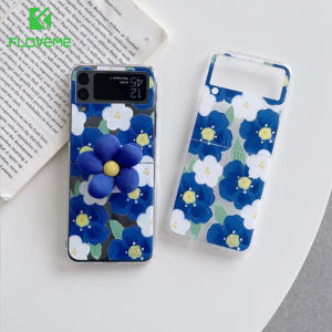 FLOVEME Cute Blue Flower Print Phone Case For Samsung Galaxy Z Flip 3 Cover Clear Hard PC Protective Cases With Holder Back Cover For Galaxy Z Flip 3