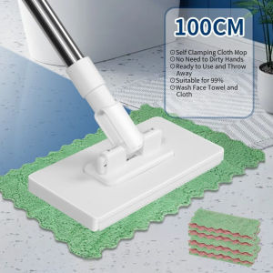 360 Rotating Flat Mop Telescopic Pole with Disposable Towel Clip for Wet Dry Floor Cleaning