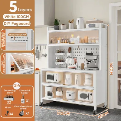 NINI Multifunctional Kitchen Storage Cabinet Floor Standing Sideboard Organizer Multi Layer Carbon Steel Rack with Doors for Home Kitchen Space