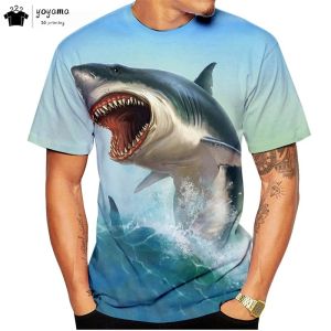 New Shark Print Mens T-Shirt Summer Street Men Short Sleeved Tee Fashion Trend Breathable Mens Tops Round Neck Mens Clothing
