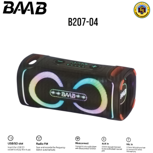 BAAB B207-04 Wireless Speaker RGB LED Lights USB SD Card Radio FM Bluetooth AUX In Mic In