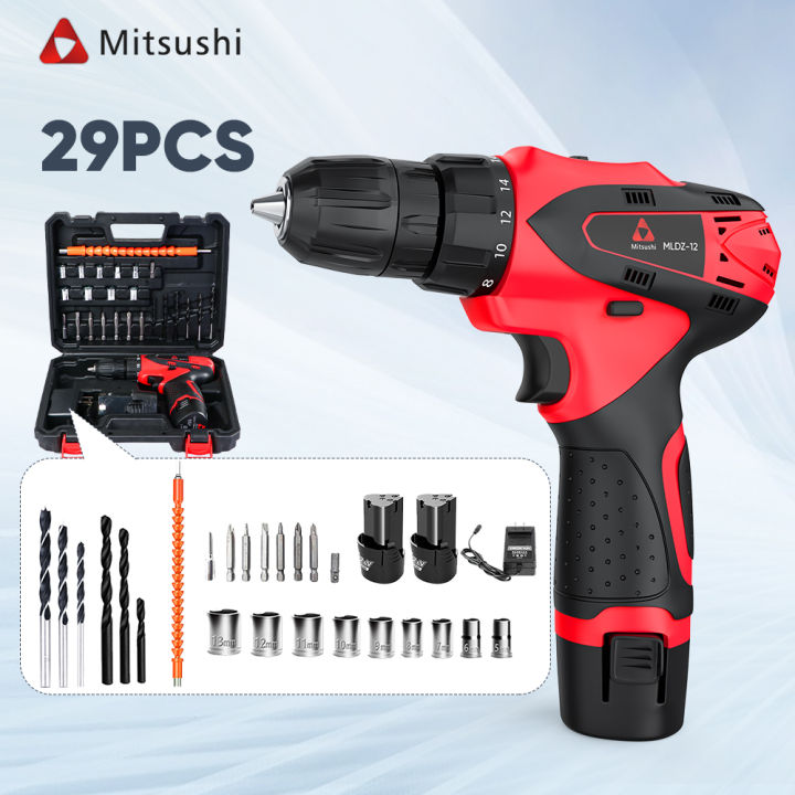 Mitsushi MLDZ12T Cordless Drill Driver 12V Double Speed with 2 Li ion Batteries and Free Accessories Kit Set Lazada PH