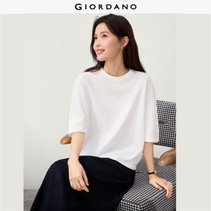 Giordano Beau Monde Women 100% cotton gathered cuffs 1/2 sleeve tee Free Shipping 13326623