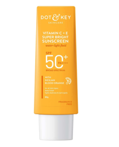 DOT KEY Vitamin C + E Super Bright Sunscreen Spf 50 | Water-LightUVA/UVB & Blue Light Protection | For Even Toned & Glowing Skin|With Liquid Spf 50+++ 80 gm