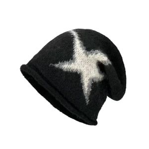 HULEQQI Pentagram Star Knitted Hat Warm Jacquard Y2k Beanie Hat Soft Hip Hop Pullover Cap Hip Hop