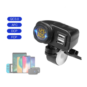 Quick Charge 18W Car Dual USB QC3.0 Waterproof with Voltmeter Thermometer for 12V/24V Motorcycle ATV Marine