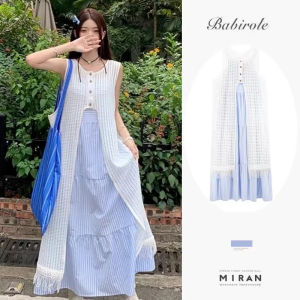 Muuv-It French Lace Knitted Dress Women New Sensation Slit Hollow Overcoat Long Skirt Two Piece Set Fashionable Outfit