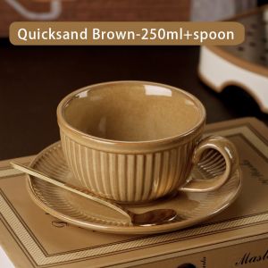 BINCOO Ceramic Coffee Mug and Saucer Classical Vertical Pattern Coffee Latte Cup European High-end Exquisite for Household Office 250ML