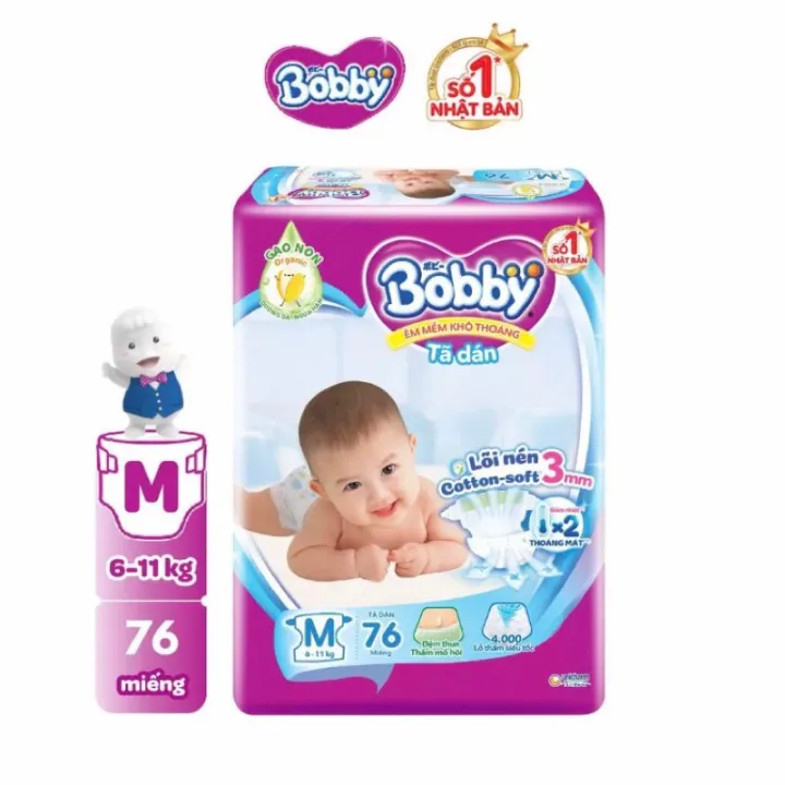 Tã/bỉm DÁN BOBBY lõi nén Cotton-Soft (XS70)NB70/S80/M76 mớ