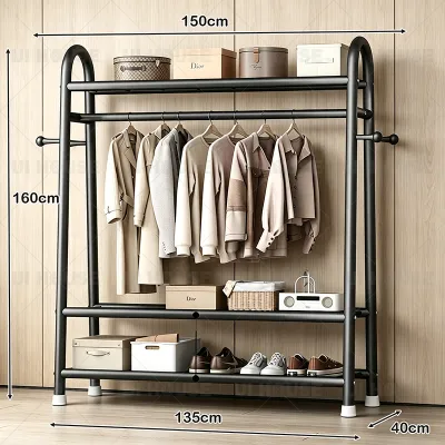 Heavy Duty Clothes Hangerwith Top Rod 2-Tier Lower Storage Shelves Metal Freestanding Garment Rail for Bedroom Office Entryway Garment Rack with 4 Hooks