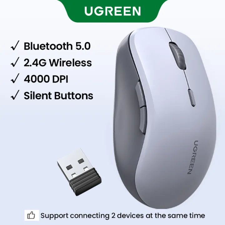 UGREEN MU002 Silent Wireless Mouse, Dual Model 2.4Ghz Wireless Bluetooth 5.0, 4-Level Adjustable Silent Buttons, 4000 DPI Optical Tracking, Ambidextrous PC /