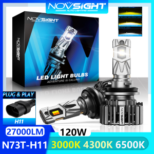 Tricolor Light Novsight N73T LED Lights for Car H11 H8 H9 H16 LED Headlight Bulb Kit High/Low Beam Fog Light 3000K 4300K 6500K 120W 27000LM Plug&Play 2Pcs 1 Year Warranty Free Shipping