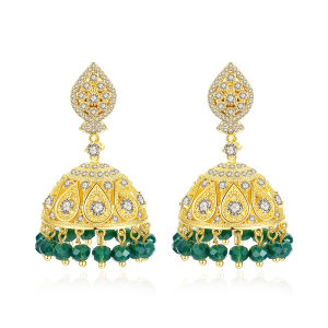 SEQUITO Vintage Boho Yellow Gold Plated Big Bell Drop Pave AAA Zircon with Green Bead Tassel Statement Party Earrings for Women Ethnic Jewelry SE622