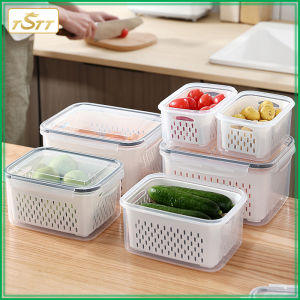 TSTT Kitchen Transparent Storage Box Multipurpose Plastic Container Fridge Fresh Organizer Double layer With Drain Basket Vegetable Fruit Fresh Keeping Boxes With Lid Microwave Lunch Box Sealed Box
