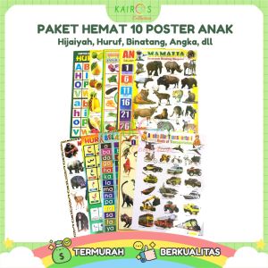 Paket 10 Pcs Poster Belajar Anak Edukasi Set Lengkap Huruf Abjad Alfabet Buah Angka Hewan Kendaraan Warna