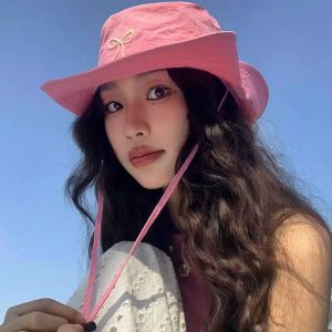 FVZSDF Phong cách Hàn Quốc Mũ thêu nơ Có thể điều chỉnh Không thấm nước Mũ che nắng rộng vành Thời trang Ngọt ngào Mũ tai bèo nữ Dành cho Nữ