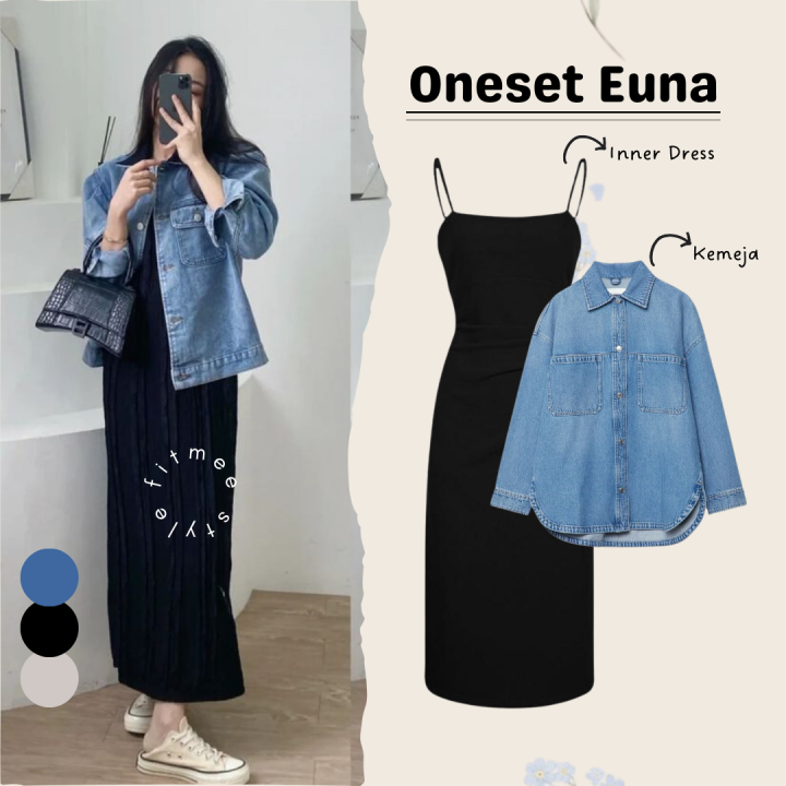 Euna Set Outfit 2in1 Korean Style Basic Midi Dress Knit Jumpsuit