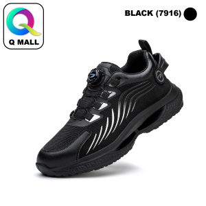 Q MALL Safety Shoes Low-Cut Breathable Anti-Smashing Anti-Puncture High Elastic Cushioning steel toe cap with Rotary Buckle Button work safety shoes - 7916 (BLACK/BLUE BLACK)