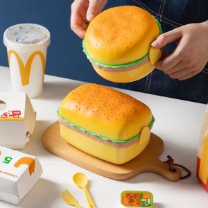 Hamburger Lunch Box Double Tier Cute Burger Bento Box Microwave Children School Meal Food Container Fork Tableware Set Gifts