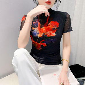 YIMEI 2024เสื้อคอปกพิมพ์ลายสำหรับผู้หญิงเสื้อซับในแขนสั้นชั้นสูงสำหรับเสื้อยืดผ้าตาข่ายฤดูใบไม้ผลิและฤดูใบไม้ร่วง